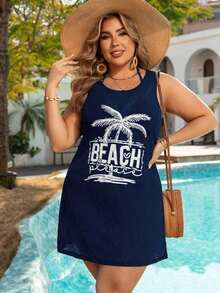 Mono vestido con estampado de árbol de coco talla grande para mujer, atuendo casual para vacaciones en la playa - Azul marino - Ver 4