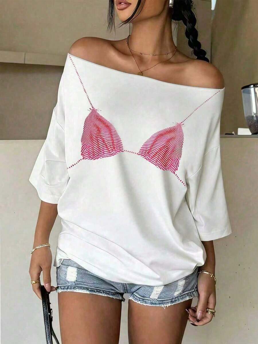 Camiseta casual de mujer con estampado floral y hombros descubiertos, versátil para uso diario - Blanco 5 - Ver 1