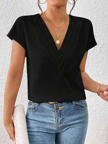 Blusa de mangas de murciélago sólidas, cuello en V, blusas de manga corta - Negro - Ver 7
