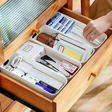 3pcs Stackable Plastic Drawer Storage Boxes, Open Organizer Bins For Kitchen, Bathroom, Cosmetics And Office, Long Compartment Trays For Closet And Desk, Space-Saving Home Storage Tools,Bedroom Room Decor,Back To School - White - View 6