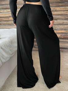 Plus Pantalones de pijama de pierna recta con cintura elástica y cordón para mujer de talla grande, pantalones de estar por casa de unicolor, para otoño e invierno - Gris - Ver 8