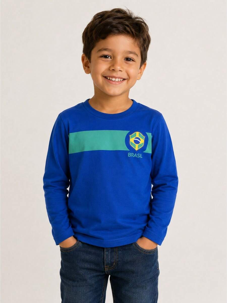 Brazil World Cup Long-Sleeved Children's T-Shirt In Cotton, Sizes 2 To 12 - 藍色 - 查看 1