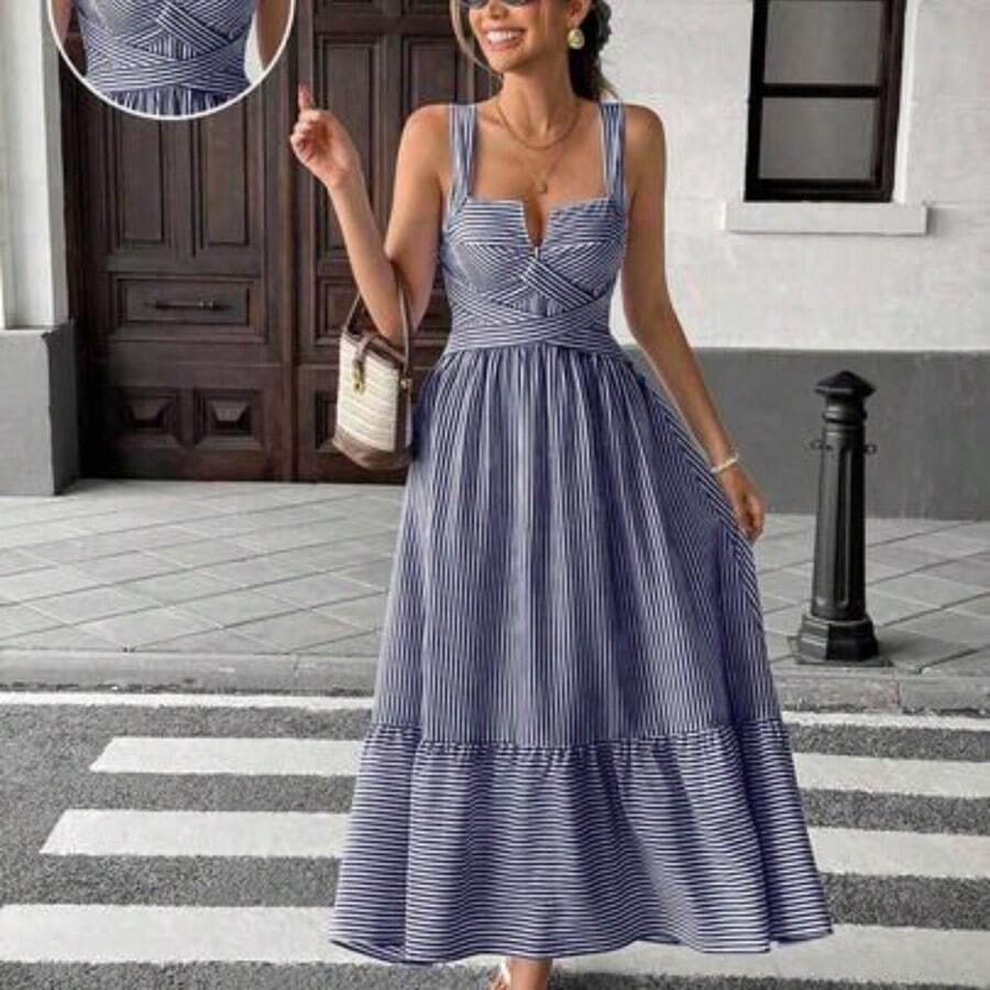 Vestido de mujer con cuello en V a rayas y cruzado - Azul y blanco - Ver 1
