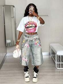 Women's Graphic Tee, Vintage Y2K Style, Casual Hip-Hop Style, Going Out, Oversized, Lip Print, For Everyday Urban Autumn Wear. - 白色 2 - 查看 2