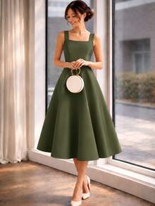 Women's Midi Dress With Square Neckline And Defined Waist | Elegant Midi Dress | Tailored Style | Defined Waist | Perfect Mother's Day Gift - 軍綠色 - 查看 3