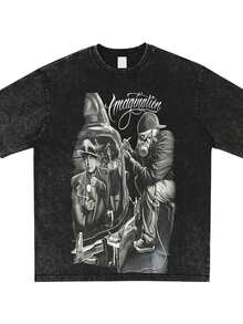 David Gonzales Men's Imagination Al Capone Mafioso Lowrider Chicano DGA Art T Shirt Medium Black,Vintage Black Acid Wash T-Shirt, Unisex Loose Fit Short Sleeve Crew Neck Casual Cotton Tee,Cosplay - 黑色 - 查看 5