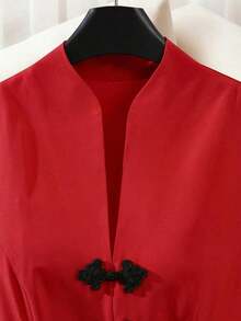 XHESHEIN  Vestido de verano con cuello en pico elegante, botones en la cintura y dobladillo acampanadoXHE - Rojo - Ver 5
