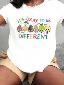 Women's Casual T-Shirt, Cute Fruit Character Print, Round Neck, Regular Fit, Casual Wear, Awareness Gift, 220g, 100% Cotton, Durable - 白色 - 查看 1
