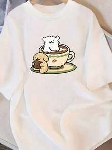 1 pieza de camiseta de manga corta de algodón para mujer, con estampado de oso de peluche y café sobre fondo blanco, cuello redondo, corte holgado, ideal para el verano, ocio, vacaciones, uso diario, viajes, regreso a la escuela. 100% algodón. - Blanco - Ver 1