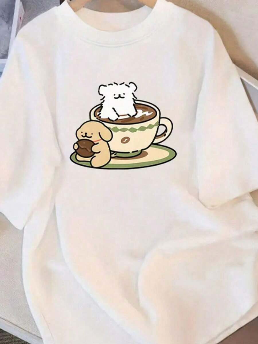 1 pieza de camiseta de manga corta de algodón para mujer, con estampado de oso de peluche y café sobre fondo blanco, cuello redondo, corte holgado, ideal para el verano, ocio, vacaciones, uso diario, viajes, regreso a la escuela. 100% algodón. - Blanco - Ver 1
