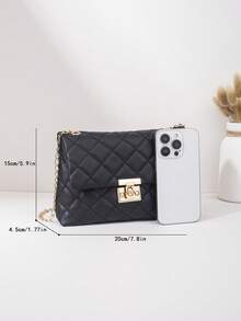 Bolso cruzado de mujer acolchado negro de moda con correa ajustable con logotipo dorado en tono M, bolso de hombro casual diario, bolso de mano con cremallera ligero - Negro - Ver 3