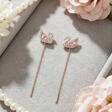 Bông tai đôi hình thiên nga màu hồng cổ điển thời trang SWAROVSKI SWAN, kiểu khuyên tai xỏ chỉ, dành cho nữ, quà tặng sinh nhật, quà tặng Giáng sinh, quà tặng Ngày của Mẹ. - Hồng - Xem 2