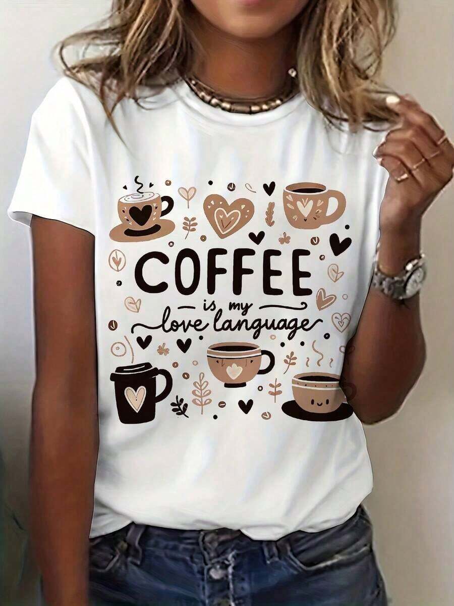 Under The Radar Linda Coffee Print T-Shirt, Short Sleeve Crew Neck Casual Summer And Spring Clothing For Women, 100% Cotton - Vintage Street Style Unisex Loose Cotton Short Sleeve Crew Neck T-Shirt - 白色 - 查看 1