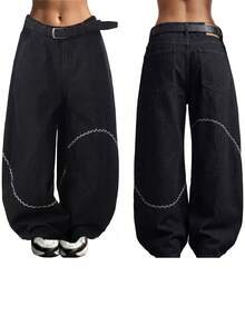Women's Baggy High Waist Oversized Wide-Leg Denim Pants Detachable Belt Silver Chain Embroidery Loose Casual Streetwear Grunge Barrel Jeans - màu đen - Xem 1