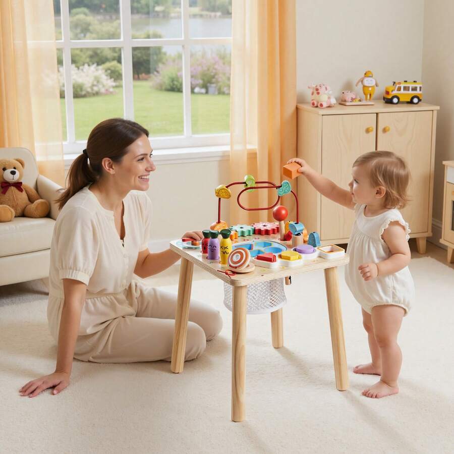 Montessori Activity Table For Toddler 1-3 Years Old, 8 In 1 Wooden Learn Activity Desk, Baby Play Table For Boys & Girls Aged 6+ Months, Great Birthday, Christmas, Children's Day Present - Wooden, 8 Games - View 1