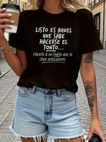 Okay, That's The One Who Knows How To Pretend To Be Stupid. Letter Print T-Shirt, Short Sleeve, Round Neck, Casual Top, Women's Spring And Summer Clothing, Women's Blouses > Clothing - 黑色 - 查看 6