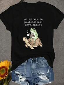 Una camiseta de mujer de manga corta, holgada, moderna, retro y elegante, adecuada para actividades al aire libre en primavera y verano, con un diseño divertido y gracioso de una rana sobre una tortuga, ropa casual, un regalo para maestras, camiseta de cuello redondo para mujer, suave y transpirable.blusas para mujer,blusas casuales para dama,tops,, mujer premium,y2k,playeras de mujer curvy,ofertas y liquidaciones ropa mujer,playeras deportivas para mujer,,playeras de hombre, mujer,blusas>elegante HMA7 - Negro - Ver 1