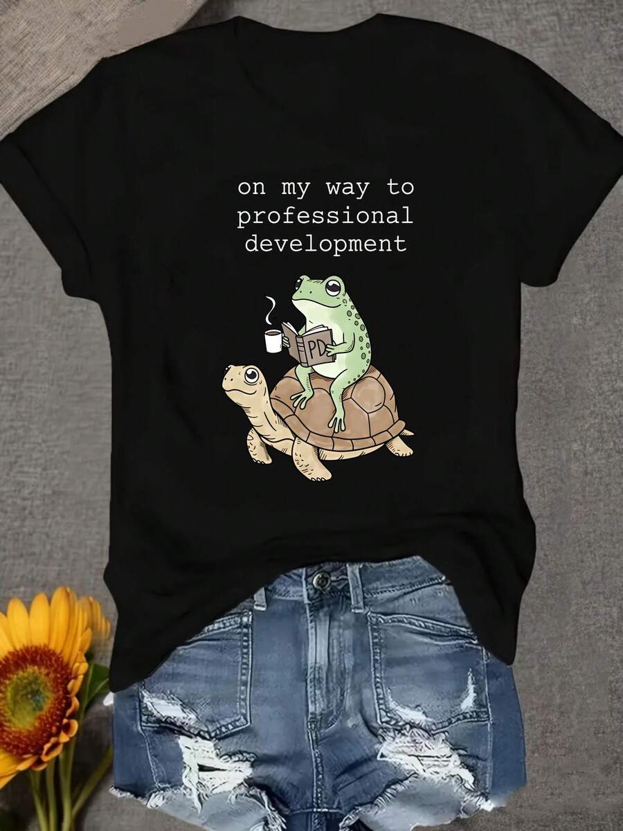 Una camiseta de mujer de manga corta, holgada, moderna, retro y elegante, adecuada para actividades al aire libre en primavera y verano, con un diseño divertido y gracioso de una rana sobre una tortuga, ropa casual, un regalo para maestras, camiseta de cuello redondo para mujer, suave y transpirable.blusas para mujer,blusas casuales para dama,tops,, mujer premium,y2k,playeras de mujer curvy,ofertas y liquidaciones ropa mujer,playeras deportivas para mujer,,playeras de hombre, mujer,blusas>elegante HMA7 - Negro - Ver 1