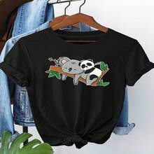 Women Black Short Sleeve Round Neck Cotton T-Shirt With Koala Panda Print Casual Style - 黑色 - 查看 1