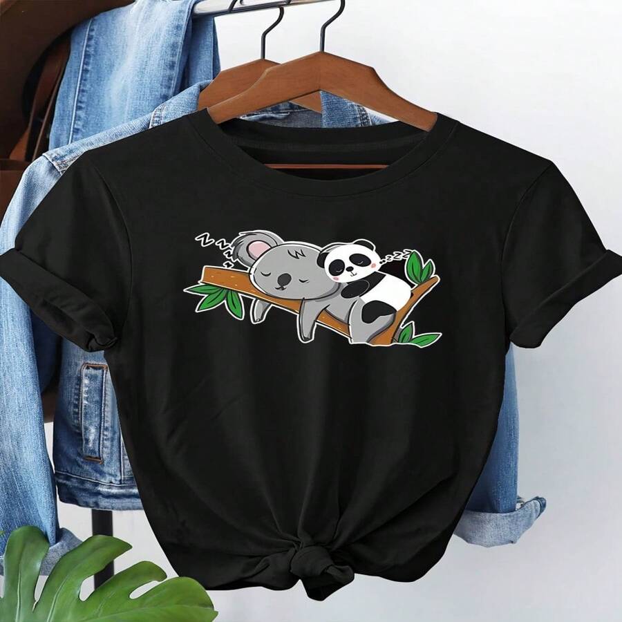 Women Black Short Sleeve Round Neck Cotton T-Shirt With Koala Panda Print Casual Style - 黑色 - 查看 1