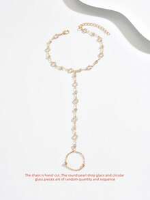 1pc Bohemian Style Rhinestone Toe Ring Anklet, Sexy Gold-Plated Barefoot Sandal Chain, Suitable For Women's Beach Resort Accessories (Chain Length Customized, Random Quantity Of Glass Beads And Drops) - Gold - View 4