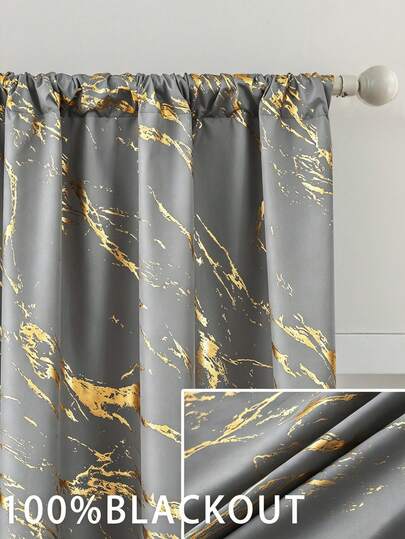 1pc/2pcs Gold Printed Blackout Curtains/Gold Marble Texture Printed Curtains, Top Rod Pocket Design, Blackout Lining, Privacy Protection 100% Blackout Lightweight Curtains For Living Room, Bedroom, Study, Home, Dark Grey