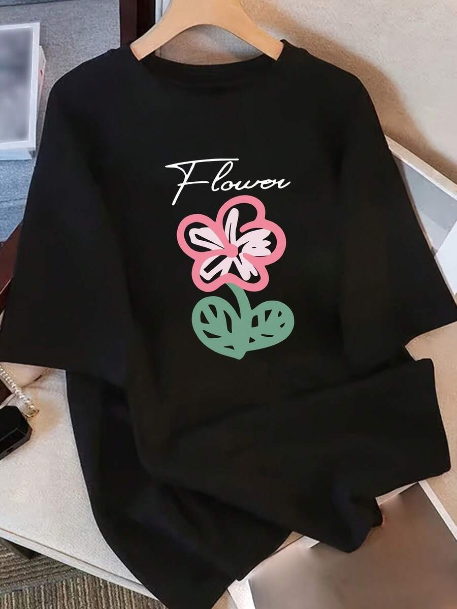 Women's Essential Pure Cotton Casual T-Shirt, Short Sleeve, Unique Design Print, New Summer Collection, Loose Fit, Slimming Top For Students, Soft Cotton For Everyday Wear. - Black - View 1