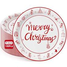 Uiifan - 100 platos de papel de Navidad de 9 pulgadas platos de cena de feliz Navidad color rojo y blanco para fiesta para Navidad invierno día festivo cumpleaños boda decoración de fiesta - Blanco y rojo - Ver 2