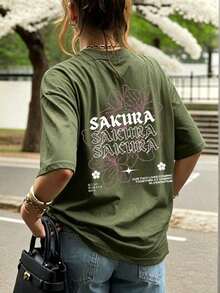 Women's Casual White T-Shirt With Sakura Graphic Print, Short Sleeve With Drop Shoulders, Round Neck, Medium Elasticity Knit Fabric For Spring Fashion - 軍綠色 - View 2