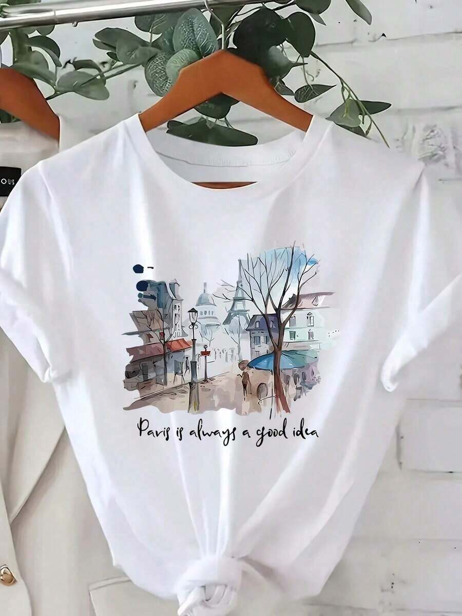 Casual T-Shirt: Women's Casual Shirt With Landscape Print: A Soft And Breathable Short-Sleeved, Crew-Neck Blouse Featuring The "Paris Is A Good Idea" Design, Perfect For Casual Outings And Outdoor Activities. Made From Breathable 180 G/M² Fabric. 100% Durable Cotton - 白色 - 查看 1