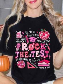 Women's "Rock The Test" Motivational Crew Neck T-Shirt, Ideal For School And Exam Season, Perfect Gift For Students And Teachers, Suitable For Summer And Autumn Celebrations, Perfect Gift For Patriots And Independence Day. - 黑色 - 查看 1