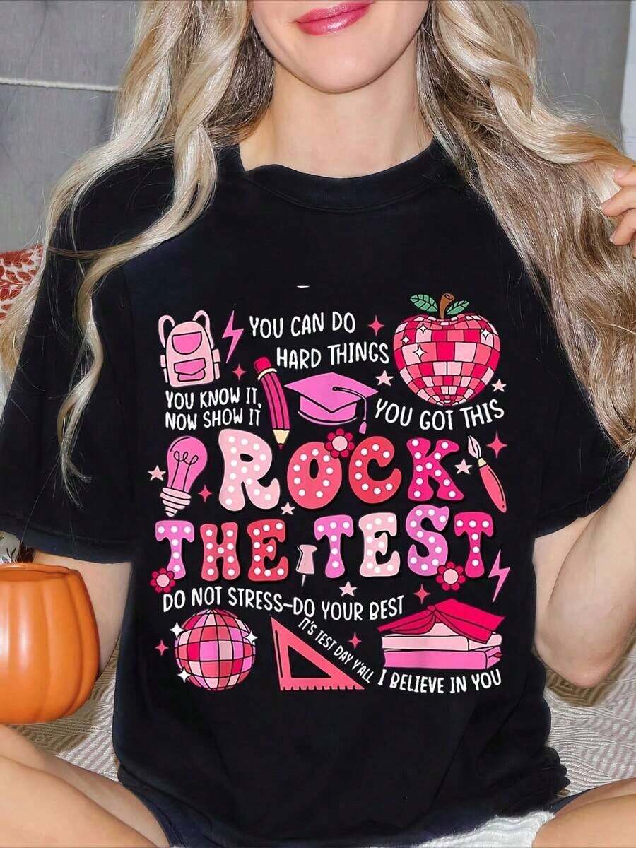 Women's "Rock The Test" Motivational Crew Neck T-Shirt, Ideal For School And Exam Season, Perfect Gift For Students And Teachers, Suitable For Summer And Autumn Celebrations, Perfect Gift For Patriots And Independence Day. - 黑色 - 查看 1