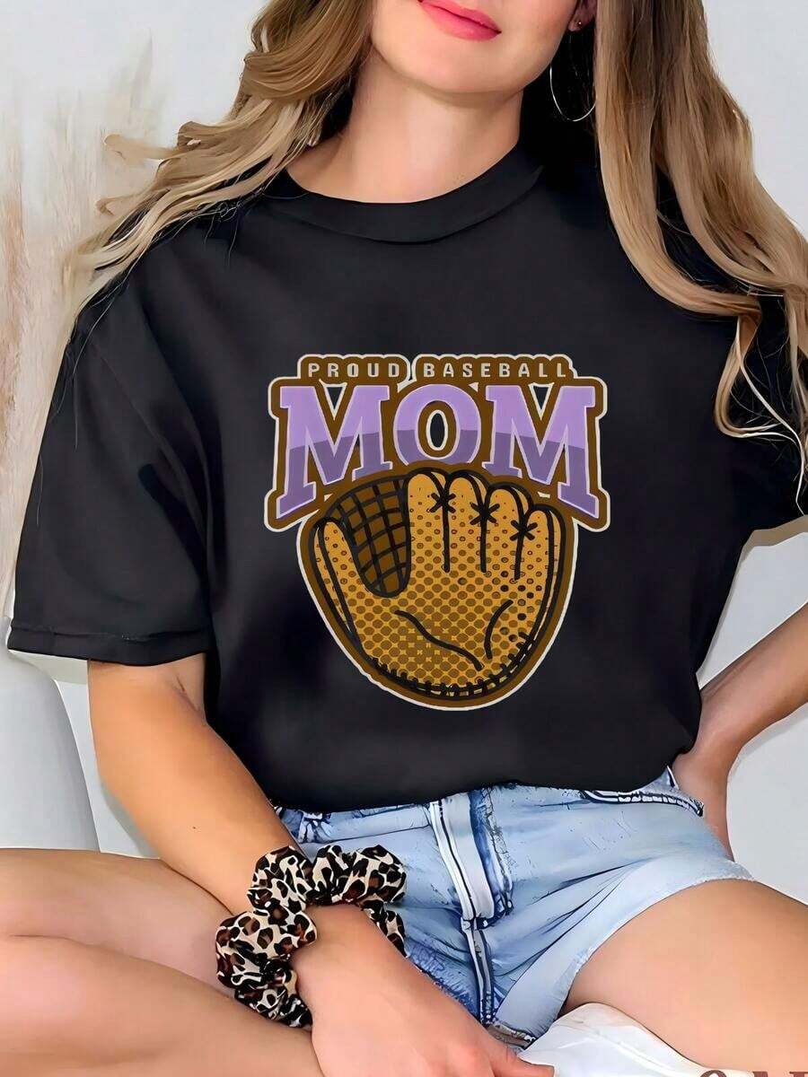 Women's Baseball Mom T-Shirt, Proud Baseball Mom T-Shirt, Baseball Style T-Shirt, Baseball Game Day T-Shirt, Baseball Mom T-Shirt, Women's Sports T-Shirt - 黑色 - 查看 1