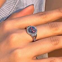 USA 250th Anniversary Round Statement Ring, Patriotic Red White Blue Print, Silver Plated Vintage Filigree Jewelry, 4th Of July Outfit Accessory For Women, Daily Wear & Gift - 銀色 - 查看 2