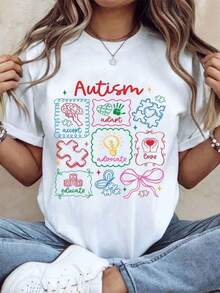 Women's Cotton T-Shirts For Autism Awareness Featuring Colorful Puzzle Pieces And Inspirational Words: Accept, Adapt, Advocate, Love, Educate. Perfect For Autism Awareness Month Or Everyday Wear, These Basic Women's Tops Support And Promote Autism Awareness. - 白色 - 查看 7