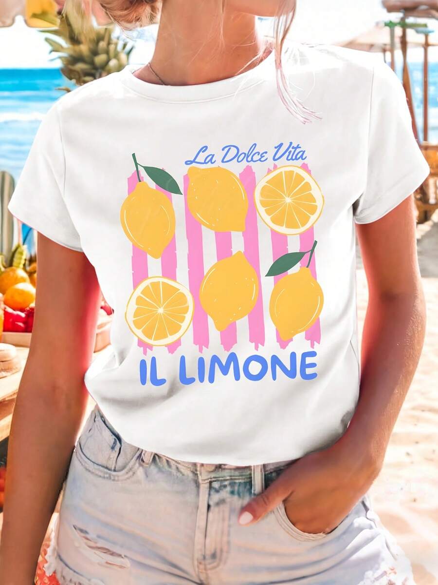Women's Italian Lemon Print T-Shirt - Italian Lemon Design, Round Neck, Short Sleeve, Soft And Stretchy, Blouse Suitable For Daily Wear And Vacation, Breathable And Opaque Casual Shirt For Spring, Summer And Autumn, Sizes S-XXL, Fashion Essential For Your Wardrobe - 白色 - 查看 1