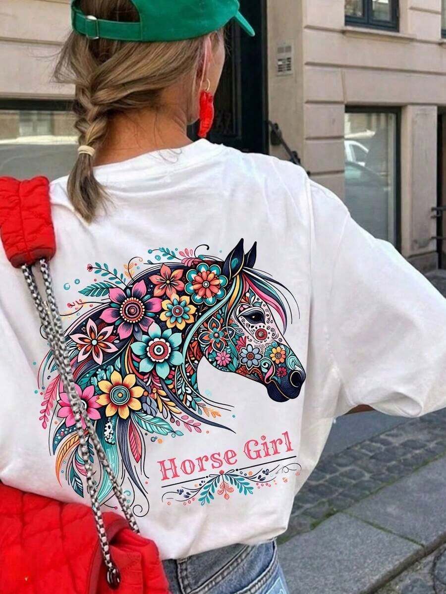 Camiseta de manga corta para mujer, holgada, de cuello redondo, con estampado floral de cabeza de caballo de dibujos animados, adecuada para vacaciones, oficina, salidas, uso diario, citas, fiestas, reuniones, ropa de calle, carnavales, festivales de música, Día de San Valentín y otras ocasiones, color blanco casual, 100% algodón. - Blanco - Ver 1