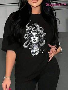 Women's Casual Summer Shirt With An Artistic Medusa Snake Design In Black. Original, Versatile, And Fashionable Top. Limited Time Offer. C35I - 黑色 - 查看 1