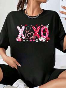 Women's XOXO Nurse Stethoscope And Heart Graphic T-Shirt, Valentine's Day Gift, Casual Wear, Fashion Top, Loose Fit T-Shirt - 黑色 - 查看 7