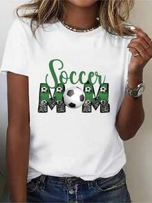 Women's Cotton Crew Neck Casual Graphic T-Shirt For Soccer Fan Mom - Soccer Ball And Letter Print In Cartoon Style, Breathable And Sweat-Absorbent Fabric, Lightweight And Stretchy Crew Neck T-Shirt For Sporting Events And Casual Wear, Clothing For Sports Fans, Medium Elasticity Simple T-Shirt For Everyday Wear - 白色 - 查看 1