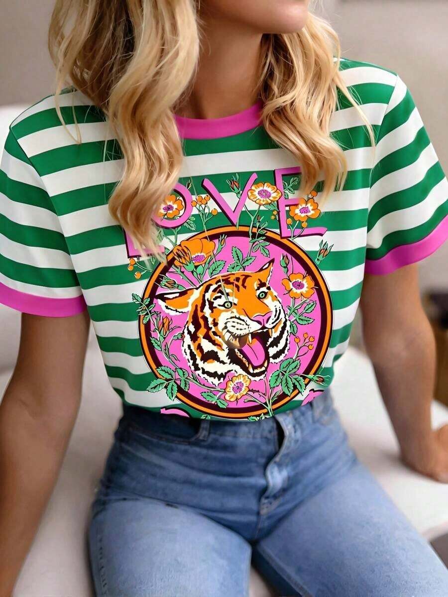 Camiseta de Mujer DrmWander, Estilo Casual Urbano con Estampado Gráfico, Camiseta de Manga Corta, Bonita para el Verano - Verde 10 - Ver 1