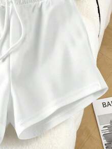 Conjunto casual diario de top de manga corta de cuello redondo de unicolor y shorts con cordón en la cintura para mujer - Blanco 3 - Ver 3