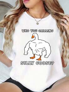 100% Cotton. Muscular Goose With A Humorous Message Conveying Strength And Fun, Ideal For Free Spirits. Women's T-Shirt, 100% Cotton. Women's Simple Solid Color T-Shirt, Loose And Slim Fit Casual Short Sleeve - 白色的 - 查看 1