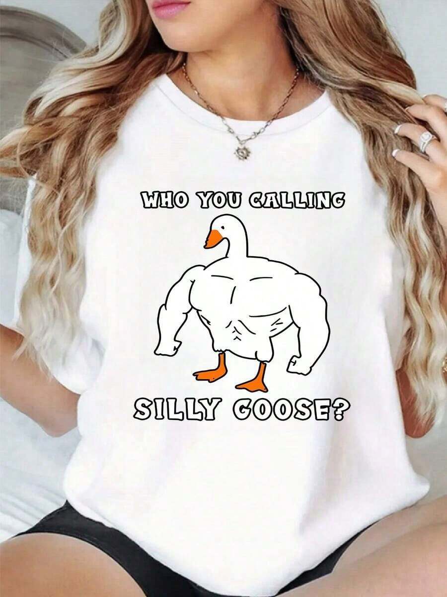 100% Cotton. Muscular Goose With A Humorous Message Conveying Strength And Fun, Ideal For Free Spirits. Women's T-Shirt, 100% Cotton. Women's Simple Solid Color T-Shirt, Loose And Slim Fit Casual Short Sleeve - 白色的 - 查看 1
