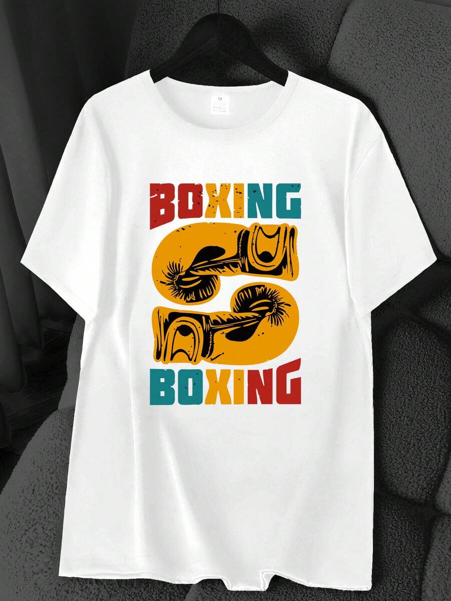 Boxing Gloves, Colorful English Print T-Shirt. Available In 6 Colors, Short Sleeve, Round Neck, High-Elasticity Casual Sports Top. Machine Washable. Suitable For Spring And Summer. Can Be Worn In All Seasons. Women's Clothing. Elegant Party Outfit, T-Shirt For Elegant Ladies, Blouses Suitable For Curvy Women, Casual Wear, Cool And Sweat-Free Summer Clothing, Fun Letter Print. - 白色 - 查看 1