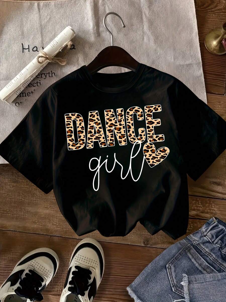 Women's Round Neck T-Shirt With Leopard Print And DANCE Lettering - Ideal For Dance Classes/Casual Wear, Short Sleeve Sports Blouse For Dancing, Machine Washable, Year-Round Wear - Black - View 1