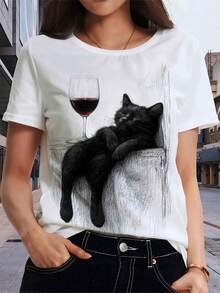 Elegant Women's T-Shirt With Black And Wine Red Cat Print - Casual Short Sleeve White Blouse, Soft And Comfortable For Everyday Wear, Machine Washable, Fashionable Artistic Design, Simple Style, Durable Material, Comfortable For Home, Artistic Print, A Must-Have For Fashion Enthusiasts. - 白色 - 查看 6