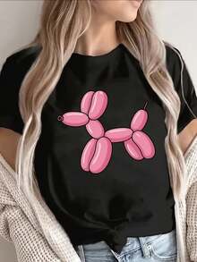 Women's T-Shirt With Pink Balloon Puppy Pattern Print, Short Sleeve Black T-Shirt, Round Neck, Casual, Conventional Version Of T-Shirt Fabric, Comfortable For All Seasons, Suitable For Daily Wear And Suitable For Holiday Gifts, Suitable For Gifts For Friends - 黑色 - 查看 1