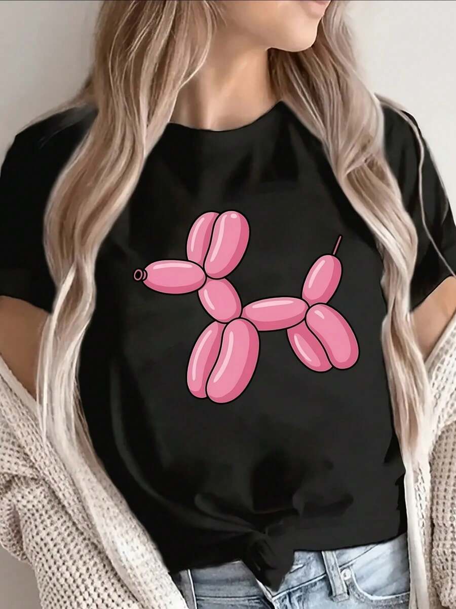 Women's T-Shirt With Pink Balloon Puppy Pattern Print, Short Sleeve Black T-Shirt, Round Neck, Casual, Conventional Version Of T-Shirt Fabric, Comfortable For All Seasons, Suitable For Daily Wear And Suitable For Holiday Gifts, Suitable For Gifts For Friends - 黑色 - 查看 1