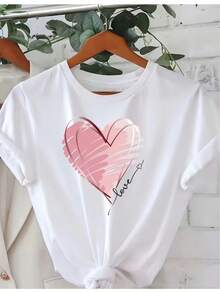 Women's T-Shirt With Heart Graphic Print For Summer And Spring, Short Sleeve, Round Neck, Casual Top, Women's Clothing, Women's Night Out Tops - 白色 - 查看 1